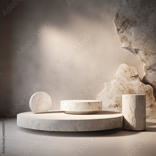 3D stone product display on vintage grunge background, Minimal marble showcase stage, simple nature dais, studio lighting, Generative AI.