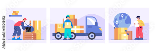 Worker installing TV at apartment. Man in uniform and helmet standing near car, holding parcel and helping to move. Courier holding document and looking at destination for parcels. Vector illustration
