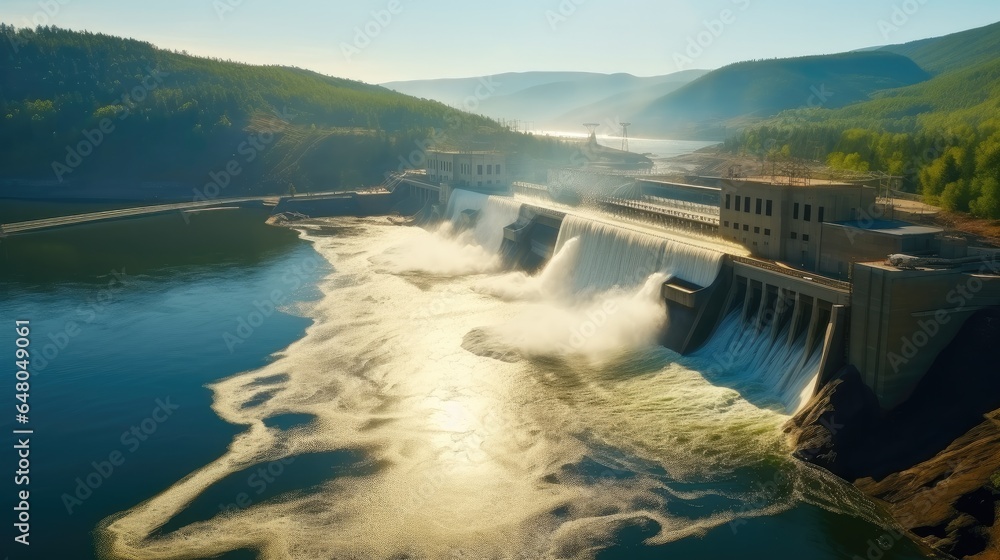 Hydroelectric Dam around mountain, Water discharge through locks.