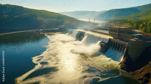 Hydroelectric Dam around mountain  Water discharge through locks.
