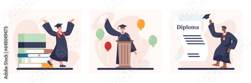 Young academic walking near books. Man in academic dress holding diploma and makes speech. Student tosses hat, standing near diploma. Happy graduation concept. Flat vector illustration