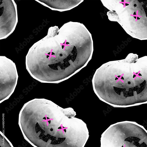Vector halftone halloween pumpkin seamless pattern. Trendy y2k punk crazy halftone halloween pumpkin print. Jack o lantern. Collage halftone pumpkin with pink crossed out eyes on black background.
