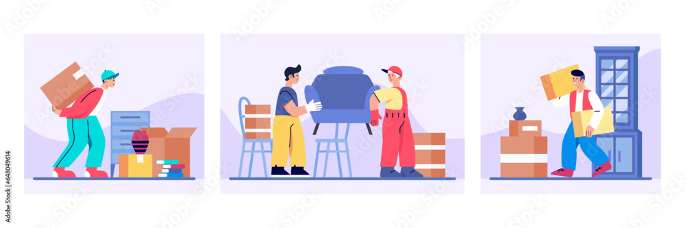 Young man in uniform carry big parcel, helping client to moving. Males carry big armchair. Moving concept. Flat vector illustration in blue colors in cartoon style