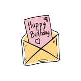 Birthday correspondence, letter, envelope. Hand drawn mail doodle drawing. Vector illustration. Pink and yellow color.