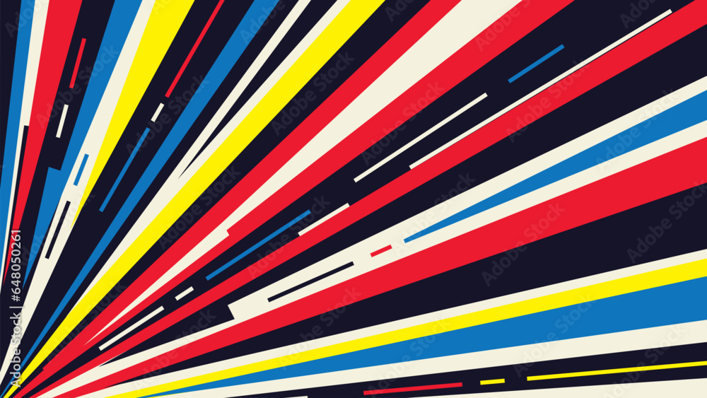 Fototapeta premium Colored speed lines tending to the corner of the screen. Dynamic pop art background for an explosive offer or superhero action. Comic book speed lines with radial effect for manga and anime.