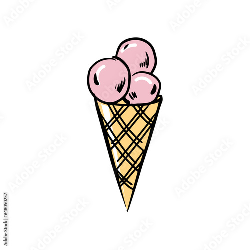 Doodle style ice cream. Hand drawn vector illustration. An ice cream cone with three balls on a white background. Food, sweets. Pink and yellow color.
