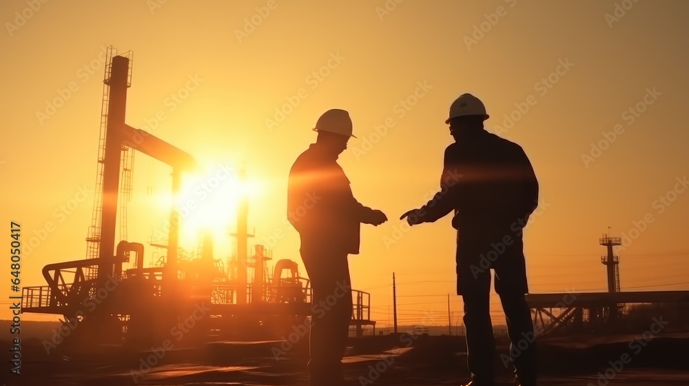 Fototapeta premium Two engineers of the oil and gas industry are sun discussing a business plan, Oil production.