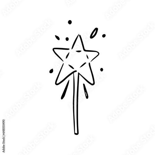 Magic wand in doodle style on a white background. Festive concept. Hand drawn vector  outline icon.