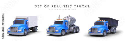 Set of trucks with bodies of different types. Truck with closed waterproof body, tank, dump truck. 3D car with blue cabin. Color icons for carrier website