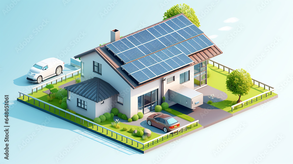 Home_electricity_with_battery_energy_storage_system diagram isometric cartoon Home_electricity_with_battery_energy_storage_system diagram isometric cartoon