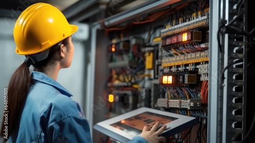 Electrical Engineer woman working check service maintenance electricity main circuit fuse and power system in system control room.