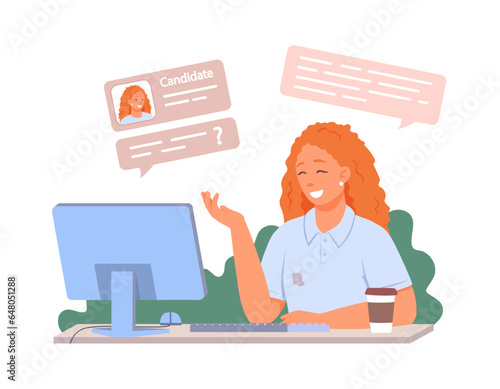 Woman looking at monitor, talking online with HR, asking questions concept. Lady talking about skills. Interviewing concept. Flat vector illustration in cartoon style in blue colors