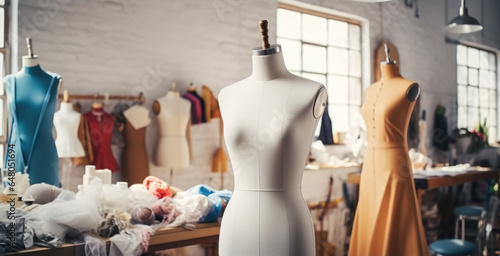 Fashion designer, Small business workshop with various sewing items, fabrics and mannequins standing.