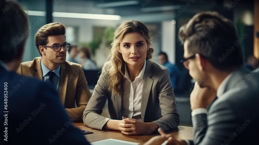 Team leader is having business meeting with colleagues in the office, Watching presentation, Discussing ideas, Brainstorming. Team leader is having business meeting with colleagues in the office, Watching presentation, Discussing ideas, Brainstorming.