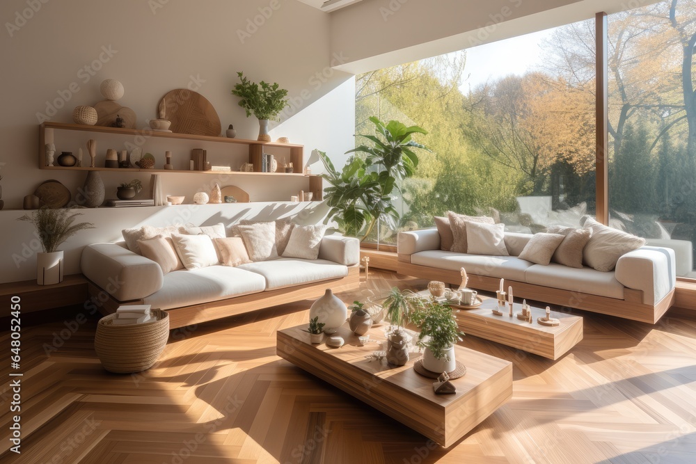 Fototapeta premium Living room with wooden elements at modern home.