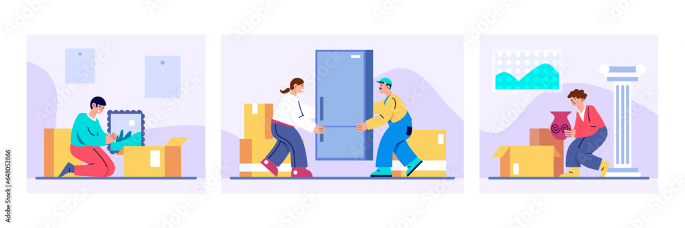 Man unpack parcel with picture and vase. Transportation of valuable fragile items. Man and woman carry fridge in apartment. Moving concept. Flat vector illustration in blue colors in cartoon style Man unpack parcel with picture and vase. Transportation of valuable fragile items. Man and woman carry fridge in apartment. Moving concept. Flat vector illustration in blue colors in cartoon style