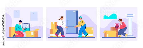 Man unpack parcel with picture and vase. Transportation of valuable fragile items. Man and woman carry fridge in apartment. Moving concept. Flat vector illustration in blue colors in cartoon style