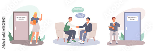 Happy lady standing near interviewing room and happy to be hired. Young males talking about work tasks, shaking hands. Man waiting at interview. Interviewing concept. Flat vector illustration