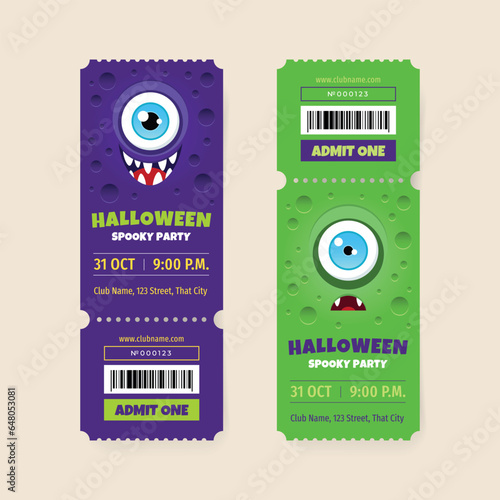 Set of halloween party ticket templates. Illustration of a funny monster on a purple and green backgrounds. Vector 10 EPS.