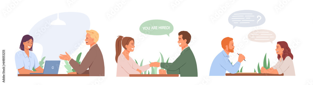 Set with different workers on interview. Men and women pass questionnaires, discuss work duties. Work of human resources department. Flat vector illustration in cartoon style Set with different workers on interview. Men and women pass questionnaires, discuss work duties. Work of human resources department. Flat vector illustration in cartoon style