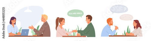 Set with different workers on interview. Men and women pass questionnaires, discuss work duties. Work of human resources department. Flat vector illustration in cartoon style