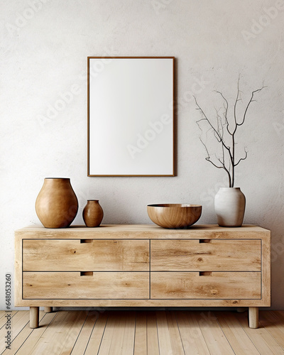 Wooden cabinet, dresser against concrete wall with empty blank mock up poster frame with copy space. Rustic home interior design of modern living room.