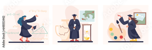 Set of students celebrate graduation. Female in academic dress standing near wall with mathematical examples. Man holds diploma, completes geography course. Artist graduated from academy. Vector