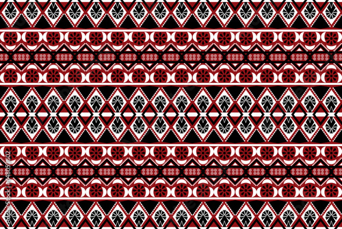 Abstract ethnic pattern, seamless floral, ikat work, geometric shapes, Indian tribal pattern, tulki red white black for textiles prints rugs cushions bed sheets.