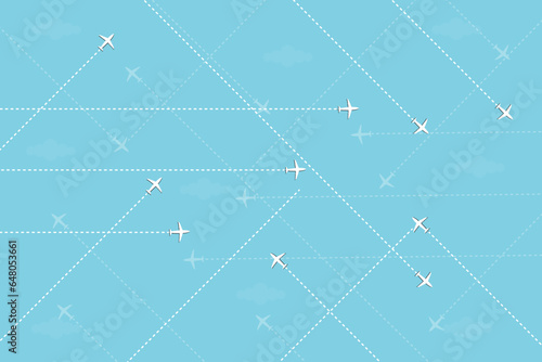 White airplanes, overlapping dotted lines and clouds. Travel and holiday travel patterns. Light blue background.