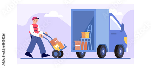 Man in uniform carry boxes with things to truck. Porter helping client to move. Transportation and delivery of things. Flat vector illustration in blue colors in cartoon style