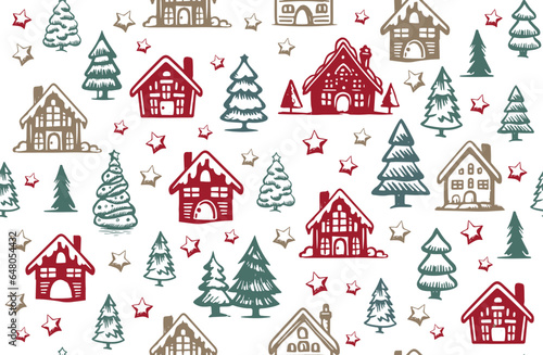 Christmas house and tree drawn illustrations	
