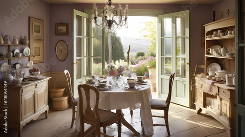  Dine in a French countryside-inspired dining room. Vintage wooden furniture, floral patterns, and soft pastel colors set the tone. A large wooden table is set with porcelain dishes and fresh lavender © Alin