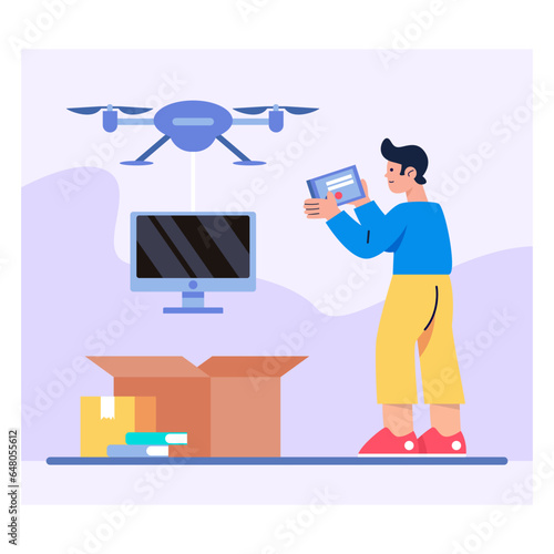 Professional male holding remote controller and controlling TV delivery to box with drone. Modern technology for packing. Flat vector illustration in blue colors in cartoon style