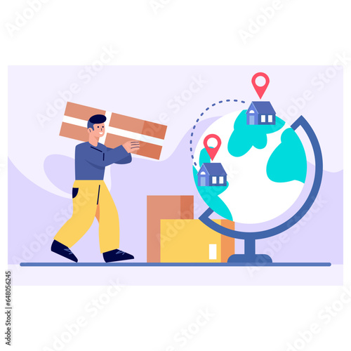 World delivery and moving concept. Young man holding big box, moving things from one house to another. Vector illustration in purple and blue colors in cartoon style