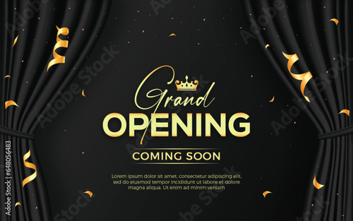 Realistic grand opening invitation banner with black curtains, golden elements and 3d editable text effect