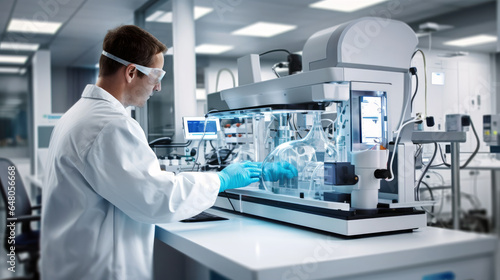 Researcher working in a modern laboratory with medical Sampling Machine. Scientist analyzing samples in the automatic machine of the Biotechnology laboratory. Generative Ai photo
