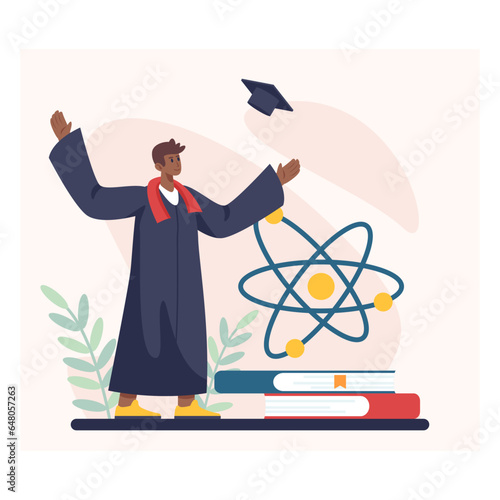 Happy man in academic dress tosses hat, standing near books and science symbol. Academician celebrating graduation. Student rejoices graduating from university. Vector illustration in cartoon style