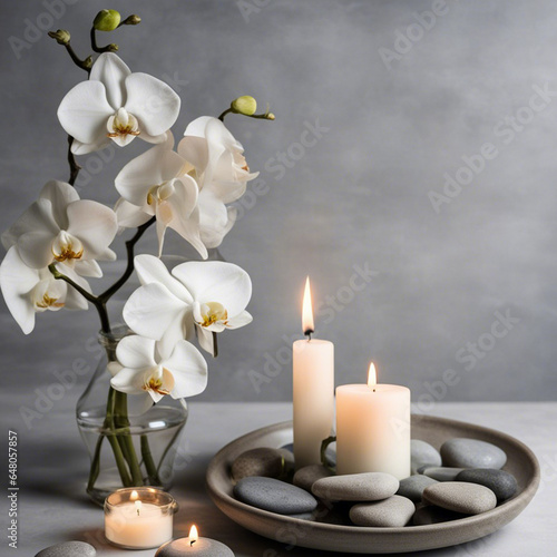 Spa still life with white orchids and candles on gray background.