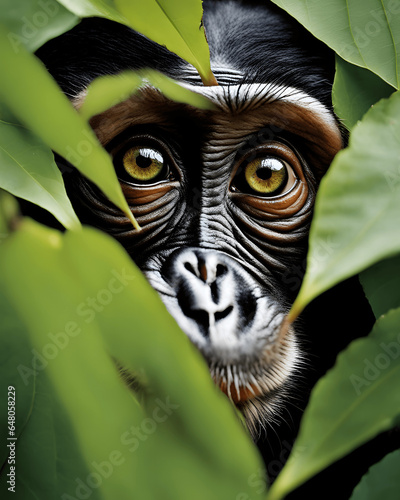 Schimpanse schaut durch Dickicht © Pano