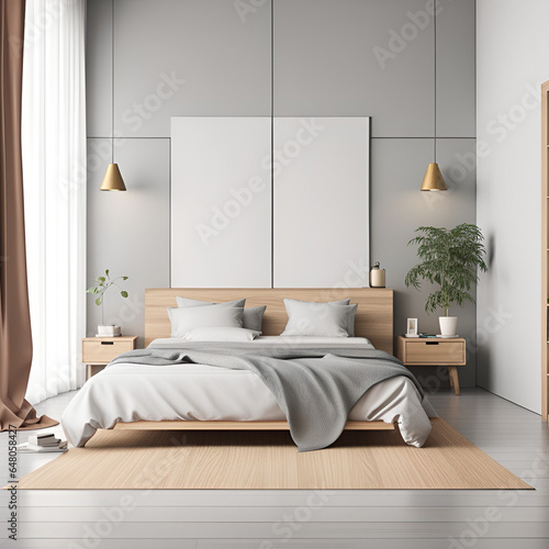 Interior of modern master bedroom with gray and white walls, wooden floor, comfortable king size bed and two vertical mock up posters.