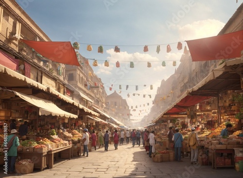 Panorama of a bustling agricultural market with stalls crowded with buyers and sellers photo