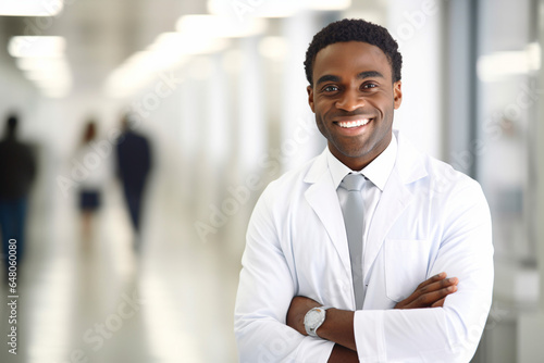 Portrait of smiling young black male doctor standing with arms crossed in hospital corridor © Nino Lavrenkova