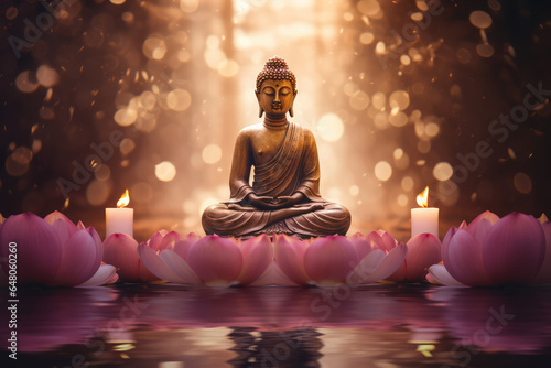 glowing buddha statue in meditation pose with a big lotus