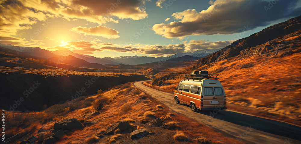 A van traveling at sunset in nature on a canyon path for a road trip to adventure and freedom - obrazy, fototapety, plakaty 