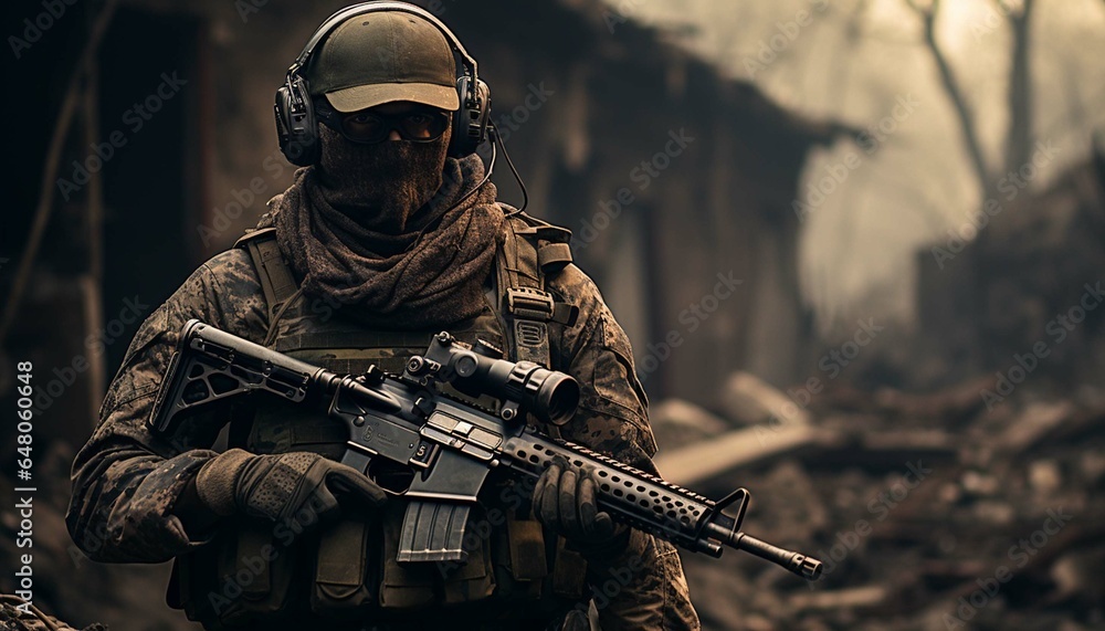 Solider with mask standing in street Solider with mask standing in street