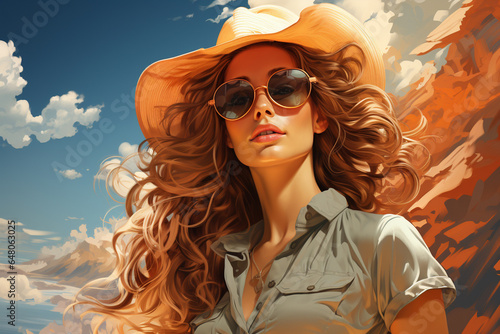 Summer travel concept, sea beach, sun and woman. Happy traveler beautiful woman with hat and dress relax in the nature, sea beach background. AI Generative
