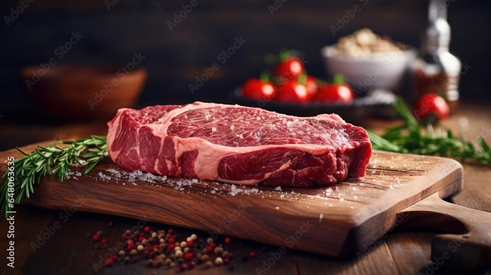 Raw rib eye steak of beef on a wooden Board with a meat cleaver and seasonings