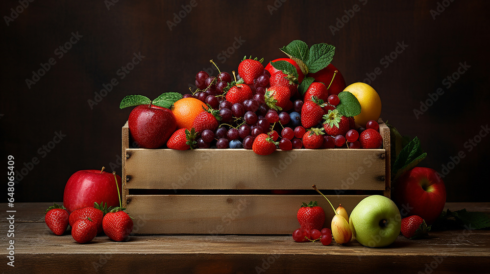 Fresh fruit in a wooden box placed on the table on black background.