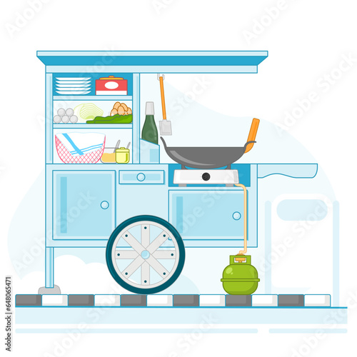 Traditional Indonesian fried rice cart vector illustration with cooking equipments ingredients photo