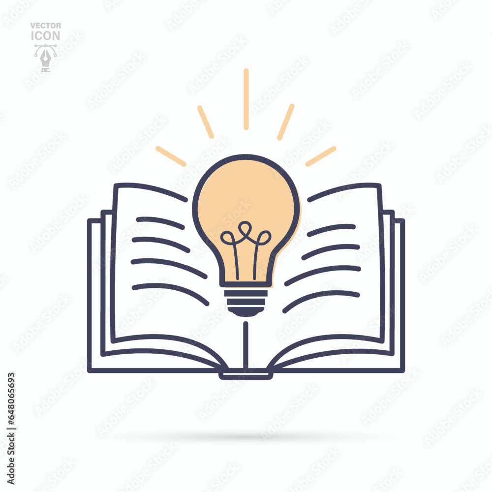 Open book with light bulb. Futuristic knowledge, inspiration, creative thinking concept. Isolated vector illustration. Open book with light bulb. Futuristic knowledge, inspiration, creative thinking concept. Isolated vector illustration.